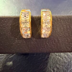 VINTAGE GIVENCHY PARIS Crystal Hoop Earrings Gold Plated Clip On Designer